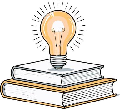 Illuminated light bulb resting on a stack of open books symbolizing knowledge and new ideas vector
