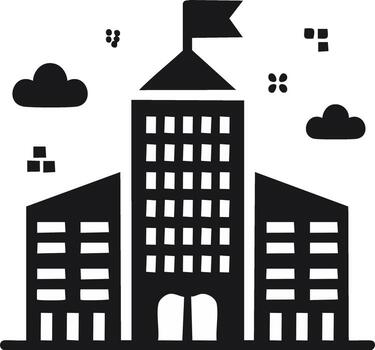 Black building illustration with clouds, flag and decorative elements vector
