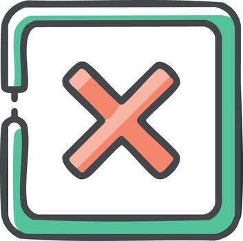 Hand Drawn Red X Mark in Green Square Box Icon Representing Error Close or Delete vector
