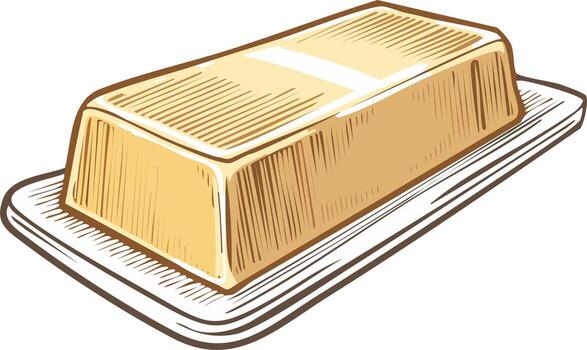 Illustration of a golden butter stick resting on a rectangular dish ready for cooking or spreading vector