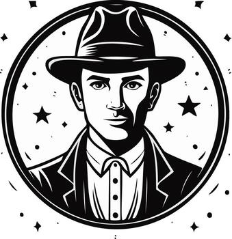Stylized Portrait of a Man in Fedora Hat Within a Circular Frame with Starry Background vector
