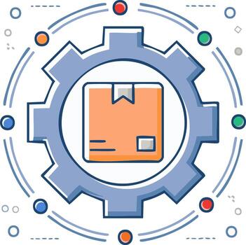 Digital Illustration of Cardboard Box within Gear Representing Efficient Logistics Management and Delivery Process vector
