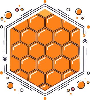 Abstract honeycombs composition in the hexagon frame with decorative arrow lines and geometric dots, honey structure concept, honey pattern vector