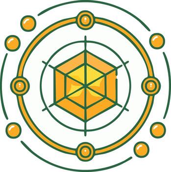 Abstract data analysis icon with a central radar chart and orbital network connections vector