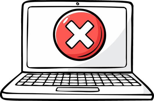 Laptop screen with red error symbol and x mark. Data error, computer problem illustration vector