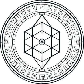 intrincado sagrado geometría símbolo dentro un circular marco de antiguo místico runas, negro y blanco línea Arte vector