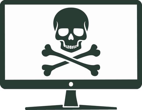 Digital threat warning icon with skull and crossbones on computer monitor display vector