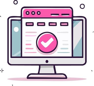Cartoon computer monitor with online document, pink checkmark, and approval concept vector