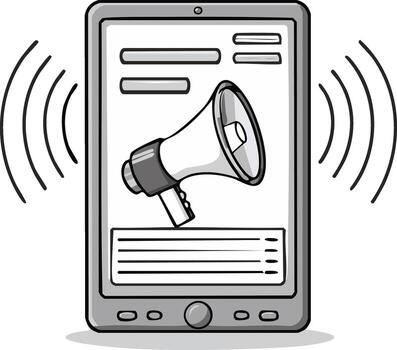 móvil dispositivo pantalla demostración megáfono icono con sonido olas para digital anuncio vector