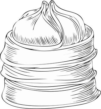 Hand-drawn illustration of stacked dim sum in a bamboo steamer basket for menu design or graphic elements vector