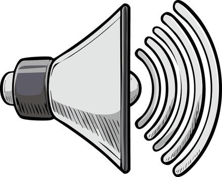 Illustration depicting a gray megaphone with sound waves, audio, volume, noise, and broadcasting, sketched with bold outline and hatching vector