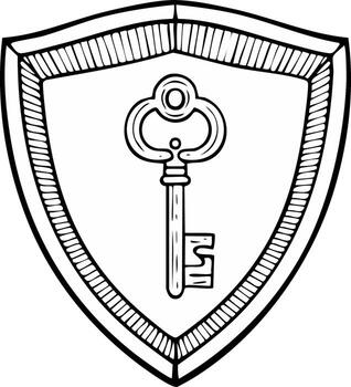 Shield emblem with a key in the center. Illustration of a key within a decorative frame vector