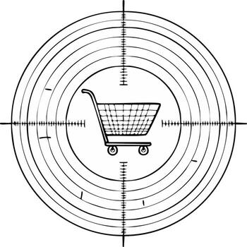 Shopping cart in the crosshairs of a target scope representing consumer targeting vector