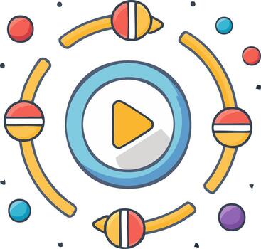 Colorful illustration of a media player interface with a central play button and abstract controls vector
