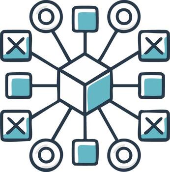 Decentralized network concept with a central cube connected to various information nodes icon vector