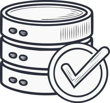 línea Arte icono de un base de datos servidor con un marca de verificación para verificado datos almacenamiento y sistema éxito vector