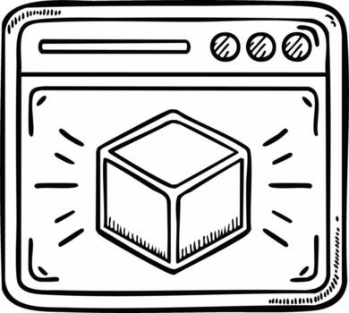 computadora ventana con cubo icono y rayos de sol efecto en dibujos animados estilo vector