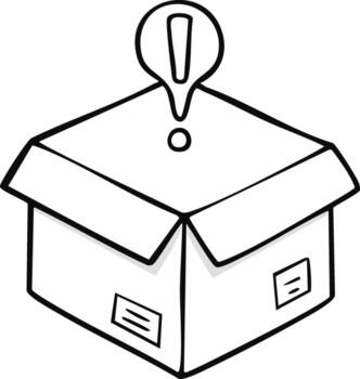 Open cardboard box with an exclamation mark symbol in a speech bubble above indicating surprise or attention vector