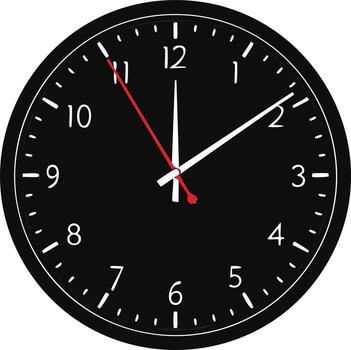 Close up of a black analog clock face showing the time near eleven oclock vector
