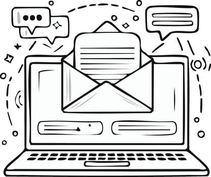 ordenador portátil pantalla con abrió correo electrónico, mensaje burbujas, y notificación elementos vector