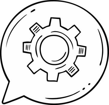 Hand drawn gear inside a speech bubble icon representing mechanical thinking and problem solving vector