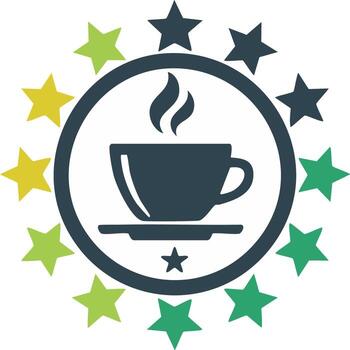 Steaming coffee cup icon in a circle with colorful stars representing a quality rating vector