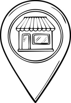 Hand drawn store building icon inside a location pin symbol representing local business and navigation vector