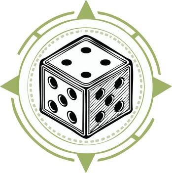 Dice Cube Emblem with Compass Points Black Outline for Board Game Luck and Chance vector