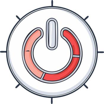 Hand-drawn power button icon with red loading bar. Sketchy illustration of a start and stop symbol with a gauge vector