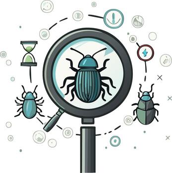 software error detección con aumentador vaso ilustrando cuestiones en software y depuración vector