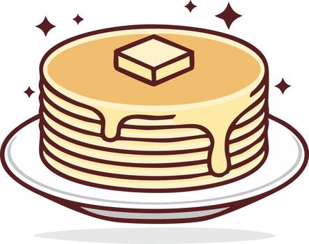 espumoso apilar de dibujos animados panqueques con derritiendo mantequilla y goteo jarabe en un plato vector