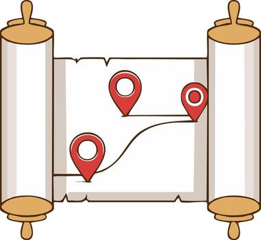 Ancient Scroll with Route Mapping and Location Pin Icons on a Faded Parchment Background vector