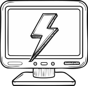 Computer Screen Displays a Bold Lightning Bolt Symbol in a Sketchy Style vector