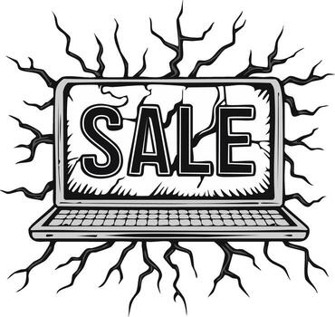 Distressed laptop computer screen showing SALE text with abstract organic roots design vector