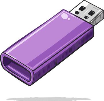 Illustrated USB drive in purple color, graphic design element with a drop shadow, isolated vector