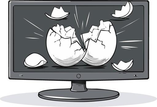 Cracked eggshell on computer monitor screen with bursting fragments vector