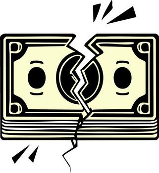 Cartoon Money Stack Torn in Half Concept Illustration for Economic Issues vector