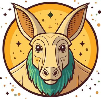 estilizado cerdo hormiguero cara con grande orejas y verde melena en un circular marco con estallidos de estrellas vector
