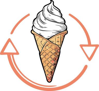 Soft serve ice cream swirl in a waffle cone with arrows indicating rotation vector