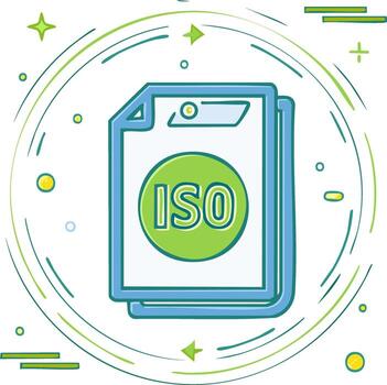 Colorful cartoon icon for ISO file format and quality standard certification vector