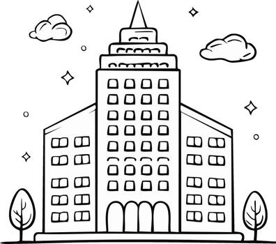 Stylized doodle of a multi-story building with clouds and stars overhead vector