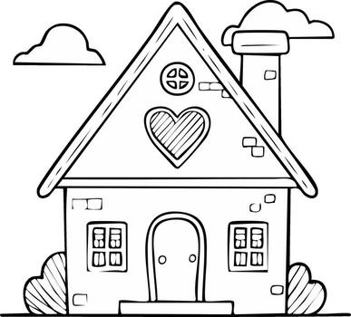 Whimsical house with heart window and clouds in simple line art drawing vector