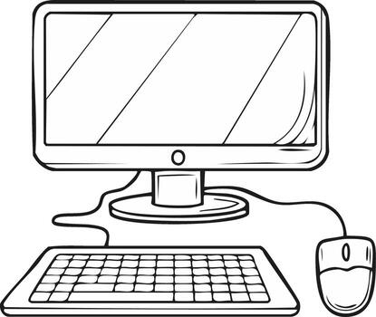 Black and white line art illustration of a desktop computer with a monitor keyboard and mouse vector