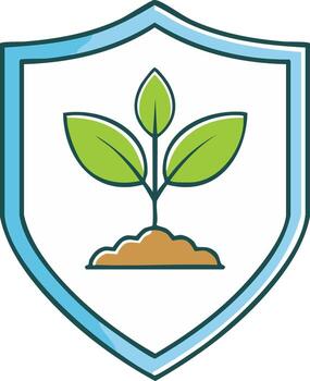 Green seedling protected within a blue shield emblem signifying growth and security vector