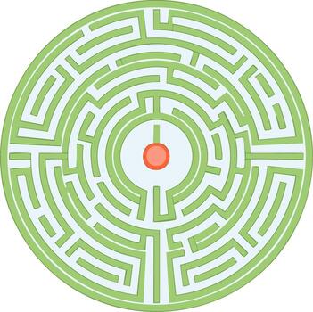 Intricate circular maze puzzle showing a challenging path to a central red goal vector