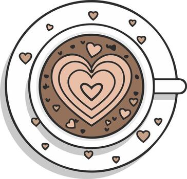 Whimsical Coffee Cup with Heart Latte Art and Scattered Hearts Illustration vector