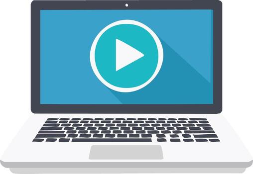 Laptop Showing Play Button on Screen with Blue Background and Long Shadow vector