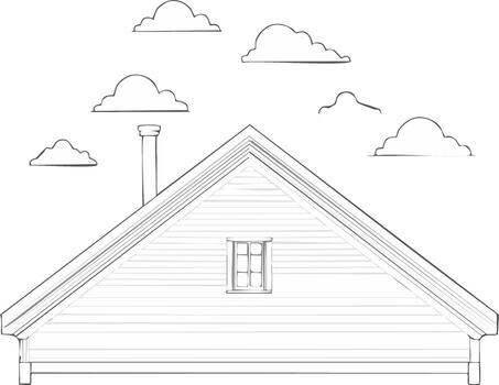 House Side View Line Art with Clouds, Simple Home Drawing with Window and Chimney Sketch, Residence Facade Outlined vector