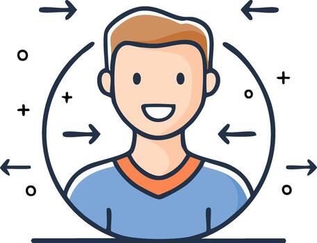 Smiling man with arrows and design elements in cartoon style concept vector