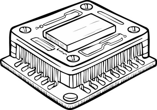Isometric Outline Illustration of a Computer Processor Unit with Heat Sink vector